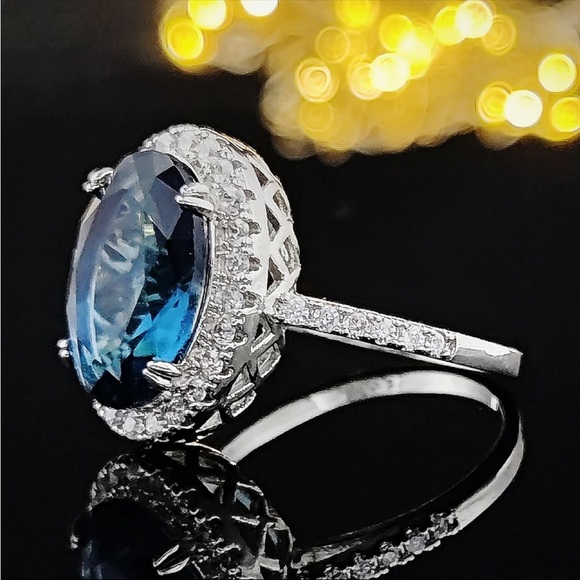 New 925 Silver Blue CZ Women Wedding Party Eternity Ring - Picture 3 of 6